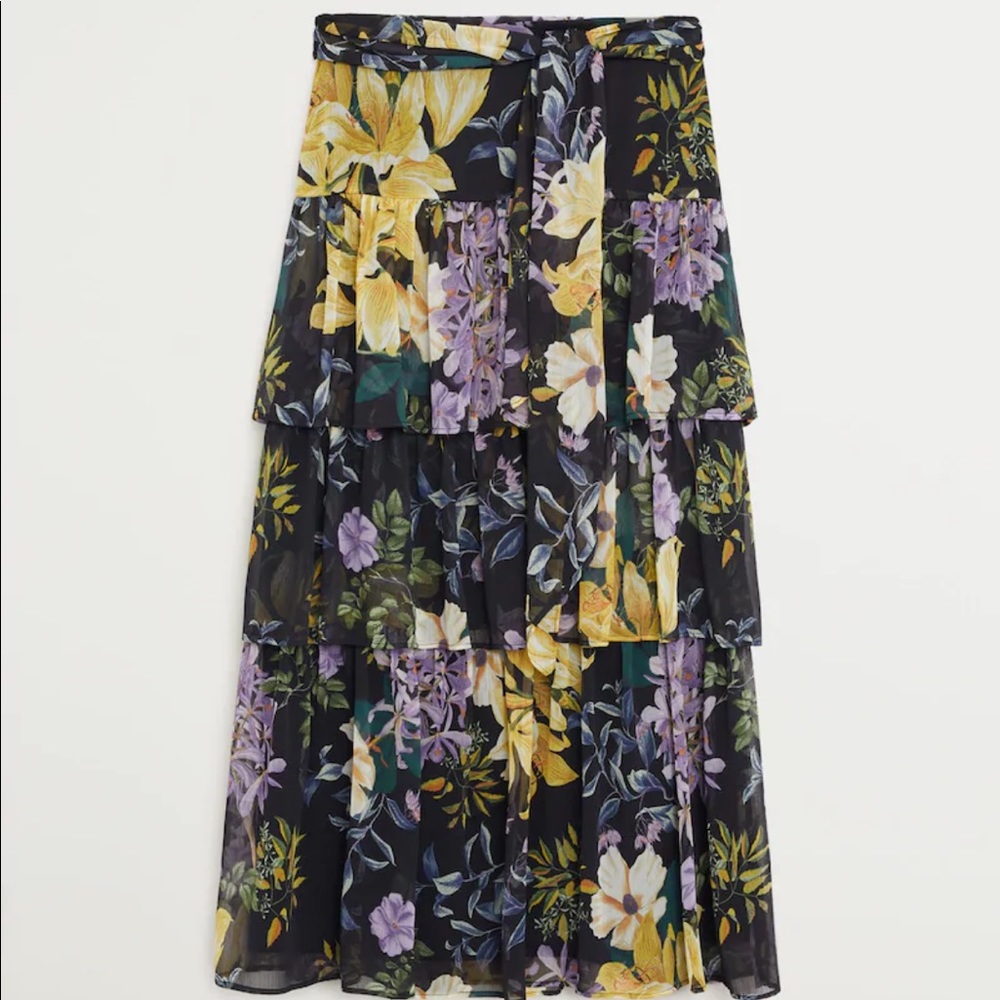NWT Mango Flowy Floral Tiered printed skirt Midi Belted Chiffon Ruffle - Picture 3 of 12